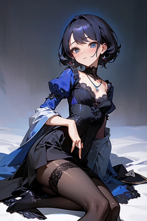 (最高masterpiece、masterpiece、Highest quality).Blue Lace Top、Black tight skirt、elegant、sexy、necklace、Black Stockings、Beautiful woman、cute、Excellent、Small breasts、sharp、Looking up、up、