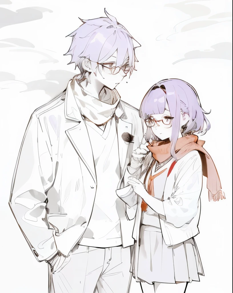 Busts of a man and a woman,Young man and girl standing together,Facing the camera,Male left female right,couple,height difference,night,outdoor background,dark night,The girl looked down at the fireworks stick in her hand,girl wearing scarf,wearing short skirt,Japanese school uniform,long black hair,Qi bangs,wearing glasses,Boys are taller than girls,The boy looked at the girl,Boys purple hair,wearing red jacket,warm atmosphere,Warm colors,fine light and shadow,Warm colors,good looking face,best quality,4k