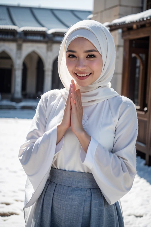 Best quality, 4K picture quality, 1 malay girl in hijab, white Hanfu, snow, long hijab fluttering in the wind, healing smile, large aperture, blurred background, blue mosque in background, namaste mudra hand gesture, movie shot framing, high quality, cinematic scene, cinematic lighting, cool ambient, ultra detail, 8k,
