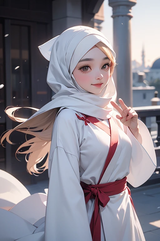 Best quality, 4K picture quality, 1 malay girl in hijab, white Hanfu, snow, long hijab fluttering in the wind, healing smile, large aperture, blurred background, blue mosque in background, namaste mudra hand gesture, movie shot framing, high quality, cinematic scene, cinematic lighting, cool ambient, ultra detail, 8k,