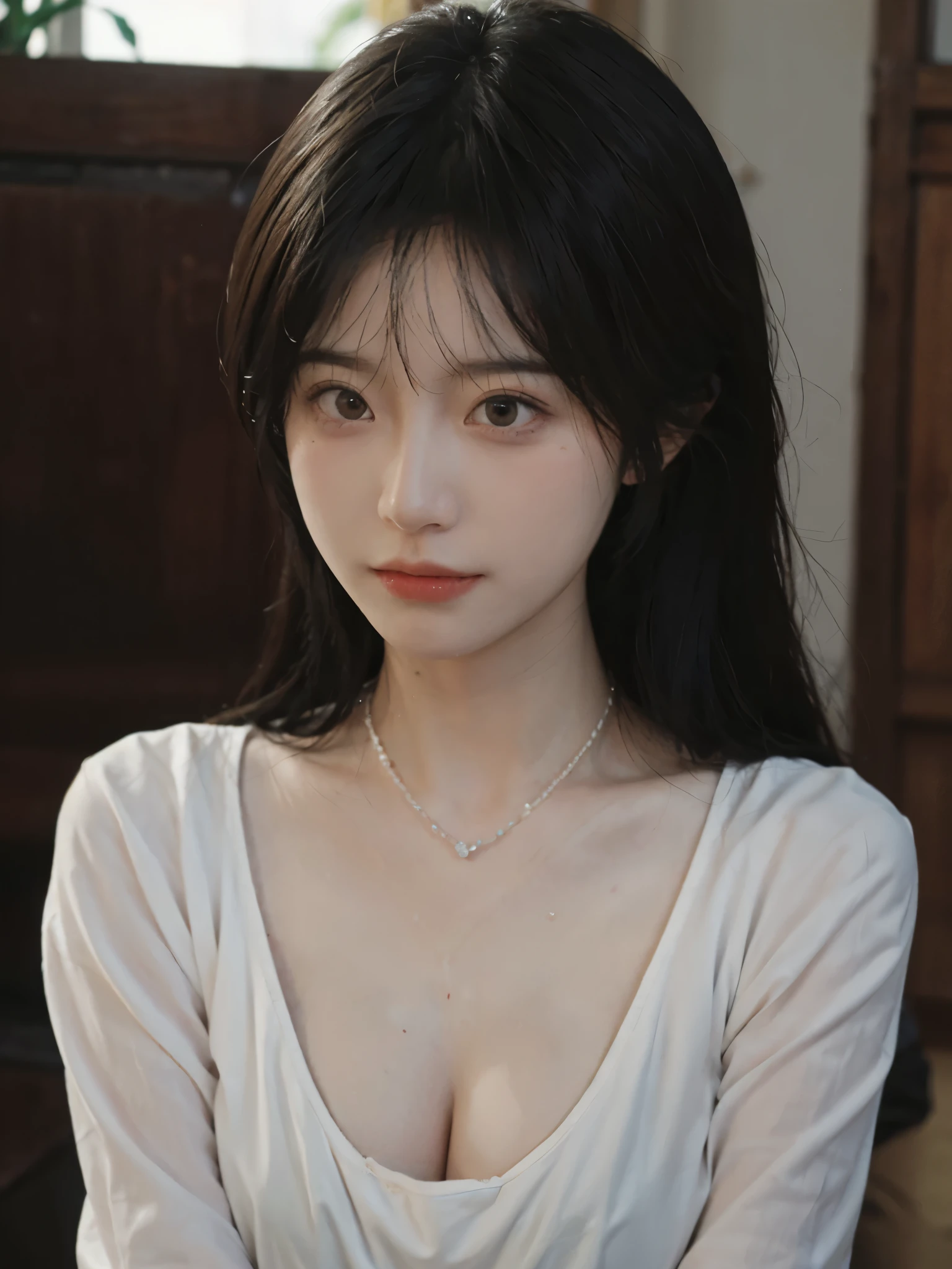 best quality, ultra high resolution, (realistically:1.4),cute hairpin,Baoyu Girl,Standing in the wedding hall,(flat chest:1.2) ,A pair of clear and charming peach blossom eyes,Royal sister,The sun shines on the face,Big wavy hairstyle,(necklace:1.2),(White skin:1.4),a sense of atmosphere,a beautiful girl,looking directly at the viewer, Close-up cleavage ,(lifelike:1.4),1 girl,Sexy,(Upper body:1.4),(wet),(:1.2)
