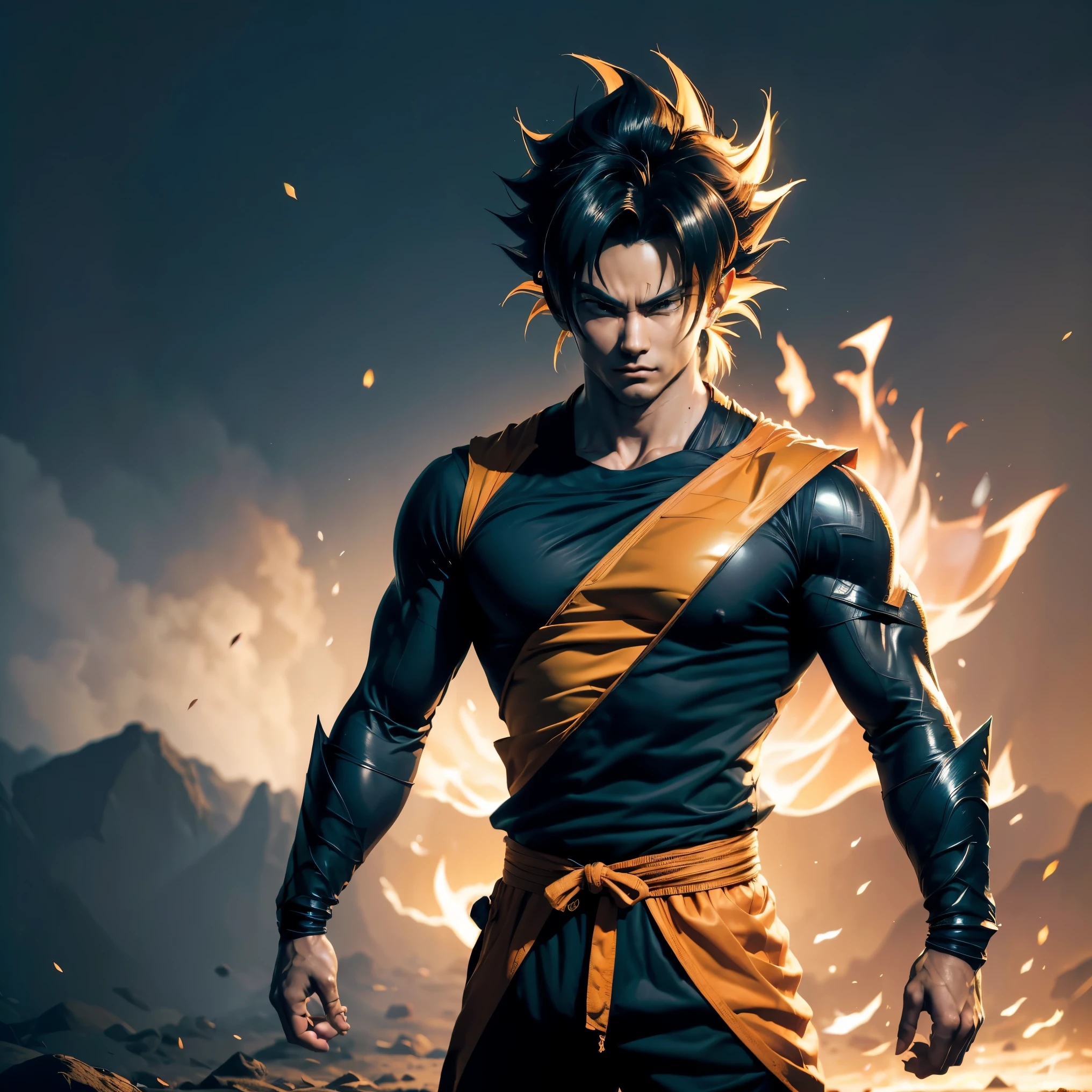 (best quality, ultra-detailed, realistic:1.37), Goku transformed into Super Saiyan standing, detailed face and hair, intense power aura, muscular build, dynamic pose, vibrant colors, epic battle background, anime style, bright and dramatic lighting