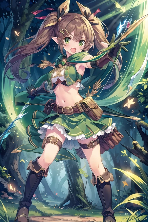 -arcana,arcana,Windranger anime style, solo, bow \(weapon\), weapon, 1girl, simple background, flower, long hair,, bug, green eyes, arrow \(projectile\), no humans, full bodyexposed belly, brown hair with red tips, short, (big boobs), (red tips)