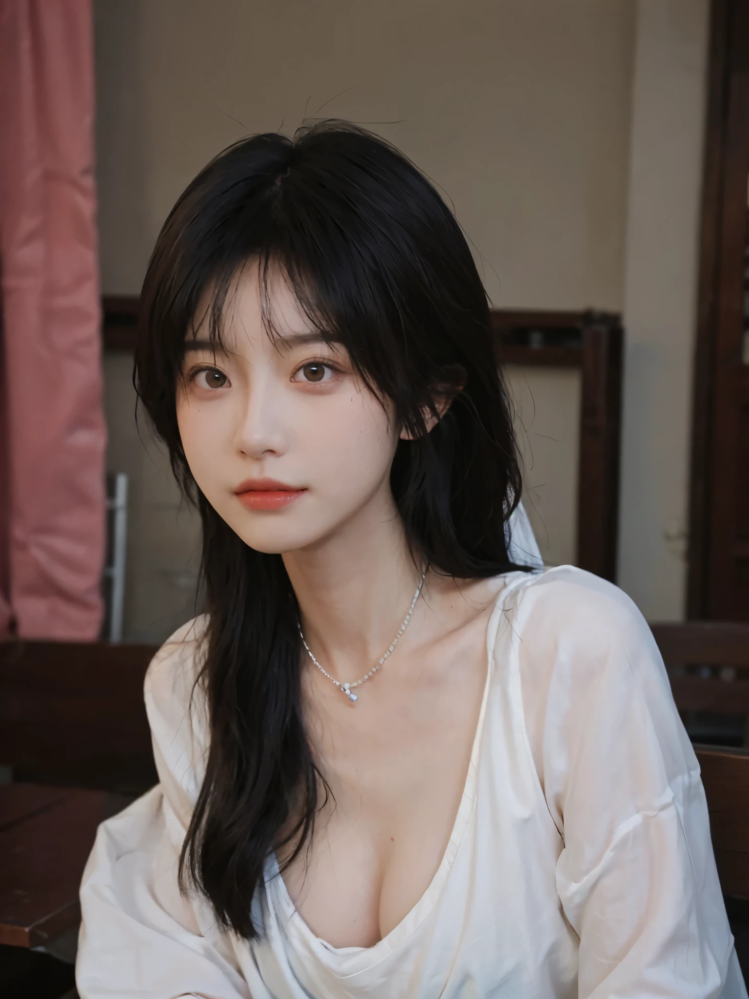best quality, ultra high resolution, (realistically:1.4),cute hairpin,Baoyu Girl,Standing in the wedding hall,(flat chest:1.2) ,A pair of clear and charming peach blossom eyes,Royal sister,The sun shines on the face,Big wavy hairstyle,(necklace:1.2),(White skin:1.4),a sense of atmosphere,a beautiful girl,looking directly at the viewer, Close-up cleavage ,(lifelike:1.4),1 girl,Sexy,(Upper body:1.4),(wet),(:1.2)
