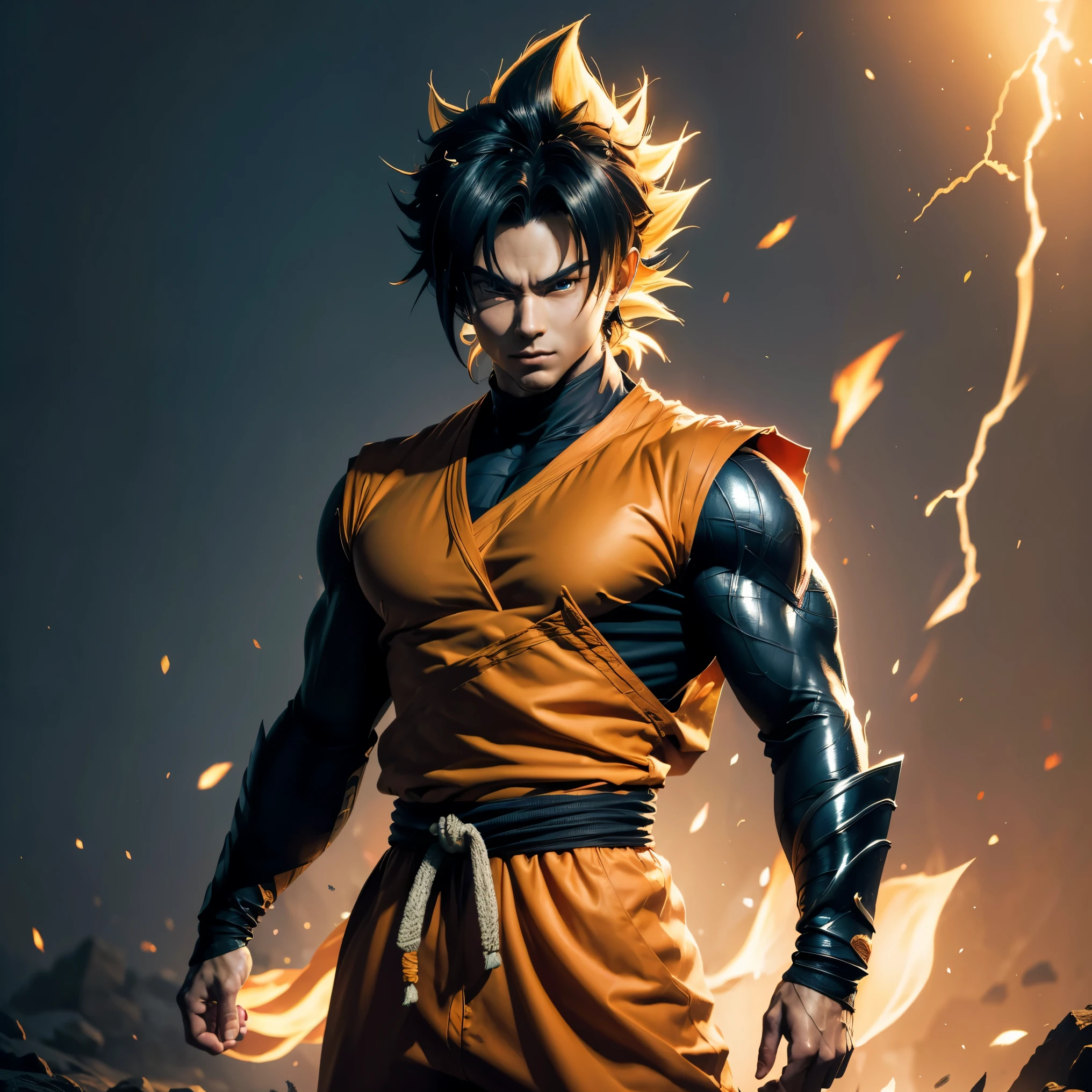 (best quality, ultra-detailed, realistic:1.37), Goku transformed into Super Saiyan standing, detailed face and hair, intense power aura, muscular build, dynamic pose, vibrant colors, epic battle background, anime style, bright and dramatic lighting