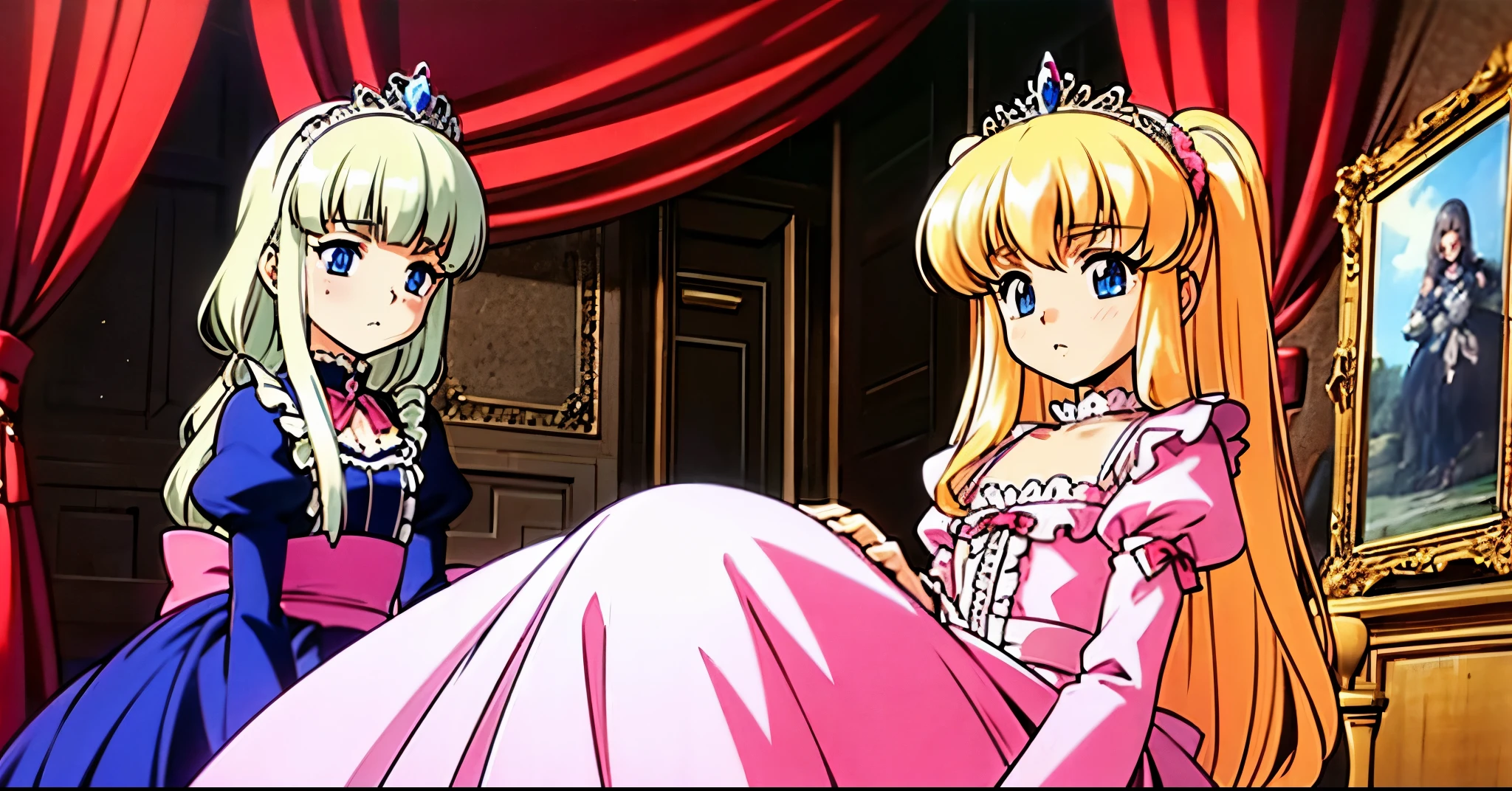 ,highest quality, masterpiece, highest resolution, artwork, super それにget used to it, many get used to it, get used to it, それにget used to it, 3K realistic photos,,(( girls)),Super detailed baby face,they are are princesses,luxurious tiara,Full length ball gown dress with hoop skirt,ruffled yoke collar,puff sleeves,long sleeve,((lolita style hot pink princess satin dress、Comes with lots of frills and ribbons。)),crazy'colorful fashion,shiny satin dress,Soft and smooth fabric,luxury,long blonde hair,blue eyes,white skin european,((inside the palace)),