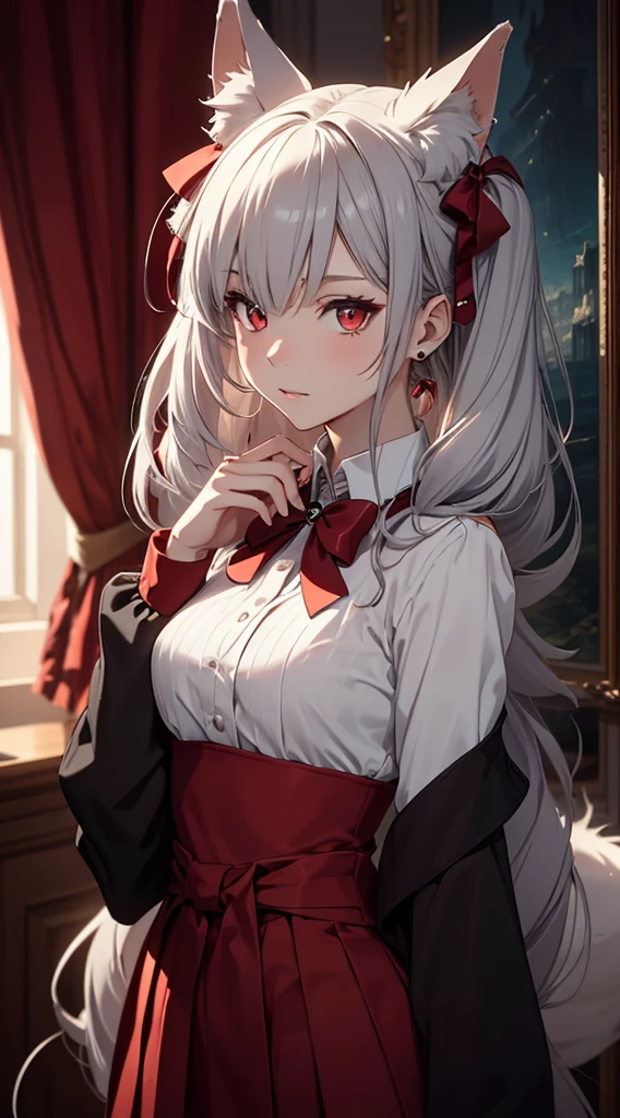 A neko woman with grey hair in a virtual YouTuber style, featuring long hair with twintails and bangs, is the centerpiece of this artwork. A section of hair falls between her eyes, creating a playful and alluring look. Adorning her head are cute and fluffy fox ears, adding a charming touch to her appearance.
Her piercing red eyes are captivating and draw the viewer into the artwork. They are full of life and depth, adding a sense of realism to the character. Completing her unique features is a long and elegant fox tail, adding an element of fantasy and intrigue.
For her clothing, she wears a white shirt with long sleeves that gracefully extend past her wrists. The shirt is adorned with a beautiful red bow, perfectly complementing the bow in her hair. A stylish black pleated skirt hangs gently from her waist, adding an elegant and feminine touch to her overall look.
The artwork that will be generated from this prompt is of the highest quality, with a "masterpiece" level of detail. The materials used in creating this artwork are of the best quality, ensuring a high-resolution, visually stunning image. Every aspect of the artwork is ultra-detailed, from the strands of hair to the intricate patterns on the clothing. The level of realism is impeccable, showcasing the artist's exceptional skill and attention to detail.
The lighting in the artwork has been carefully considered to enhance the overall atmosphere and bring the character to life. It highlights the details in the character's face and clothing, creating a sense of depth and dimension. The lighting also adds a subtle warmth to the composition, further enhancing the overall aesthetic.
The chosen art style for this prompt is a perfect blend of anime and concept artists. It captures the charm and aesthetics of both genres, resulting in a visually stunning and captivating artwork. The colors used in the artwork are vibrant and vivid, creating a visually appealing composition. The combination of bold and soft co
