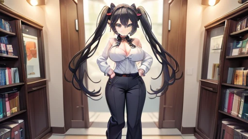 masterpiece,highest quality,wonderful,finely,High resolution,1 girl, big breasts,(harem pants:1.3), black hair, glasses, green eyes,twin tails,full body