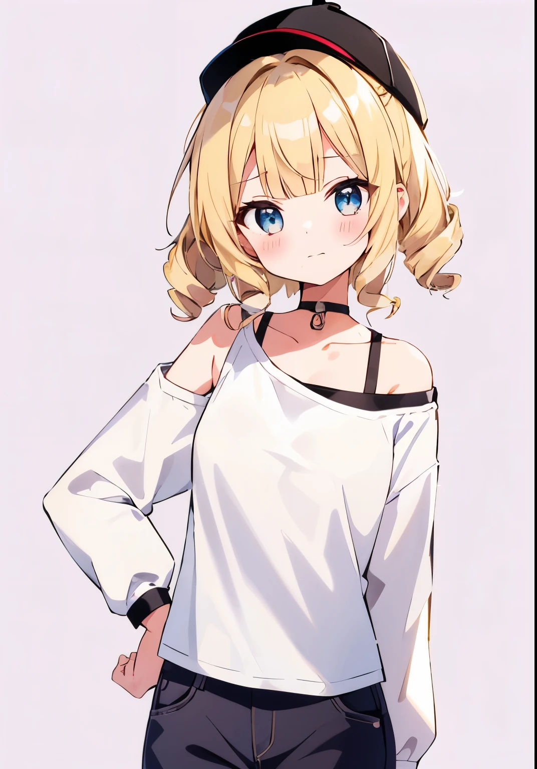(solo:1.2),cute girl,(blonde short hair), Drill hair in her left hair,(casual wavy hair:1.3), blunt bangs,blush,head tilt,:3,upper body,black cap,oversized white t-shirt with shoulder sleeves,simple background,cowboy shot,shadow,choker,
