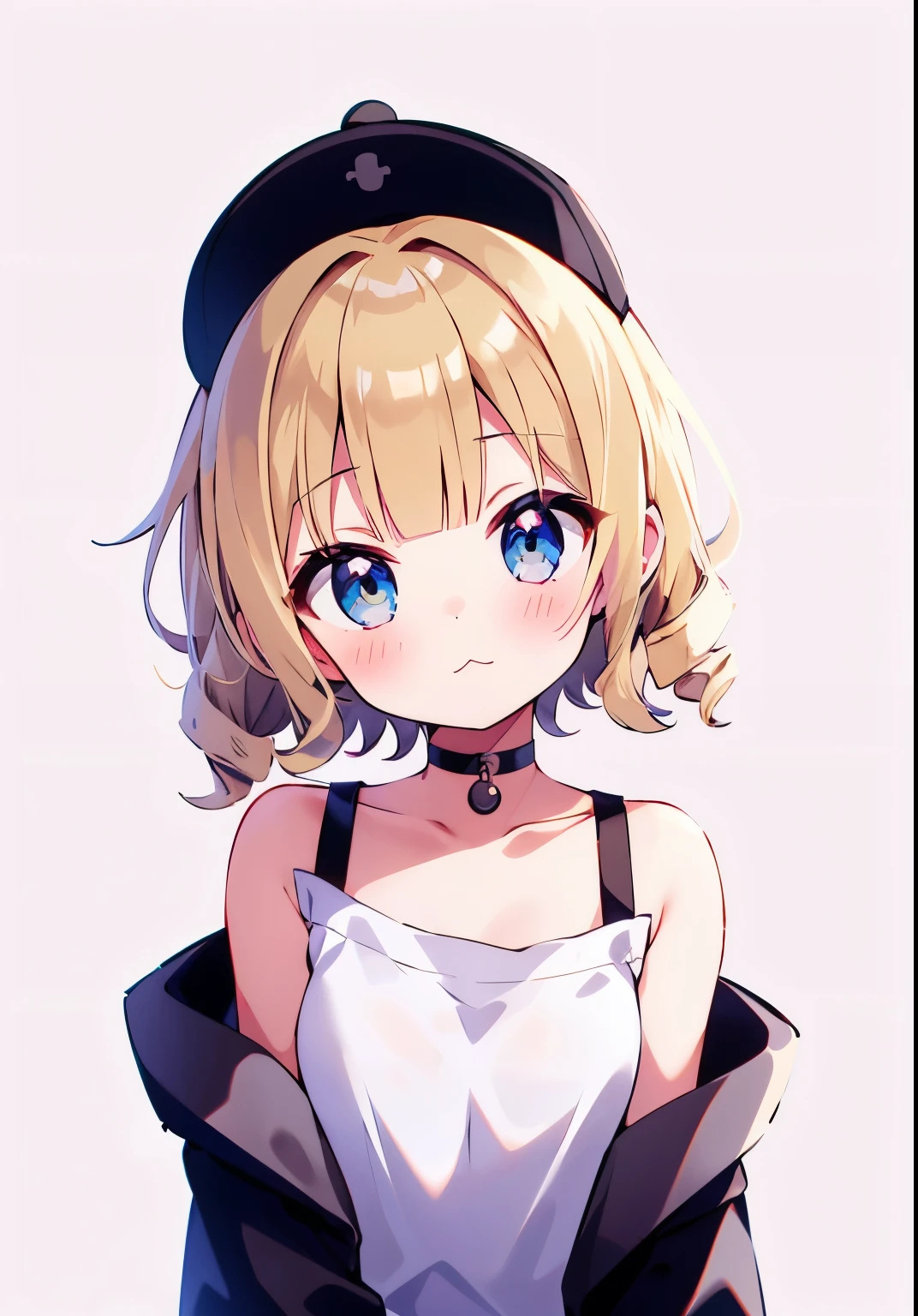 (solo:1.2),cute girl,(blonde short hair), Drill hair in her left hair,(casual wavy hair:1.3), blunt bangs,blush,head tilt,:3,upper body,black cap,oversized white t-shirt with shoulder sleeves,simple background,cowboy shot,shadow,choker,