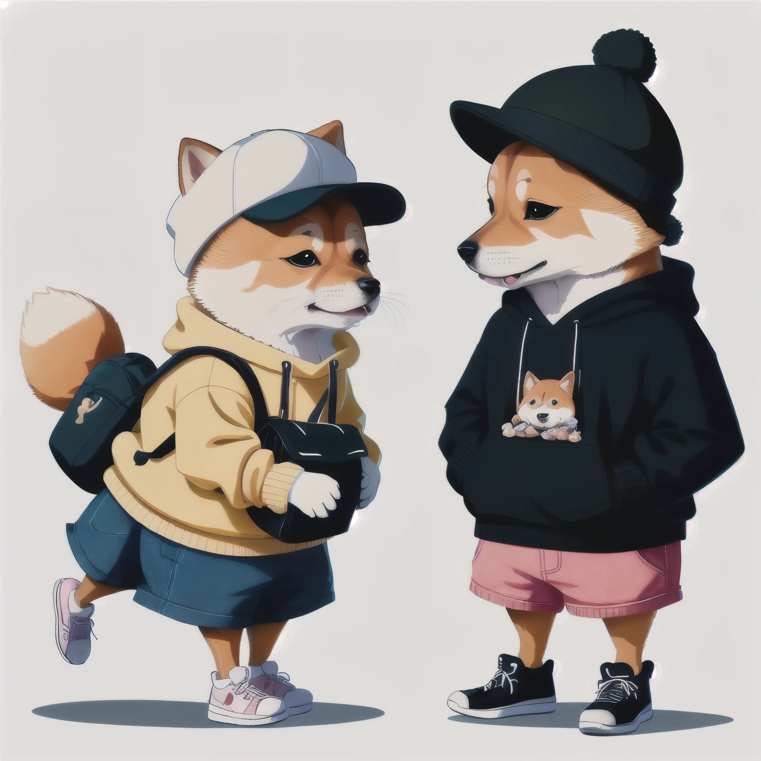 Illustration of a dog wearing a hat and sweater and carrying a bag, Dribbling is trending.com mascot, Fursona wearing fashionable clothes, Dribbling illustration, anthropomorphic Shiba Inu, anthropomorphic dog, cute characters, anthropomorphic dog cleaning, flat illustration, Simple and clean illustrations, simple illustration