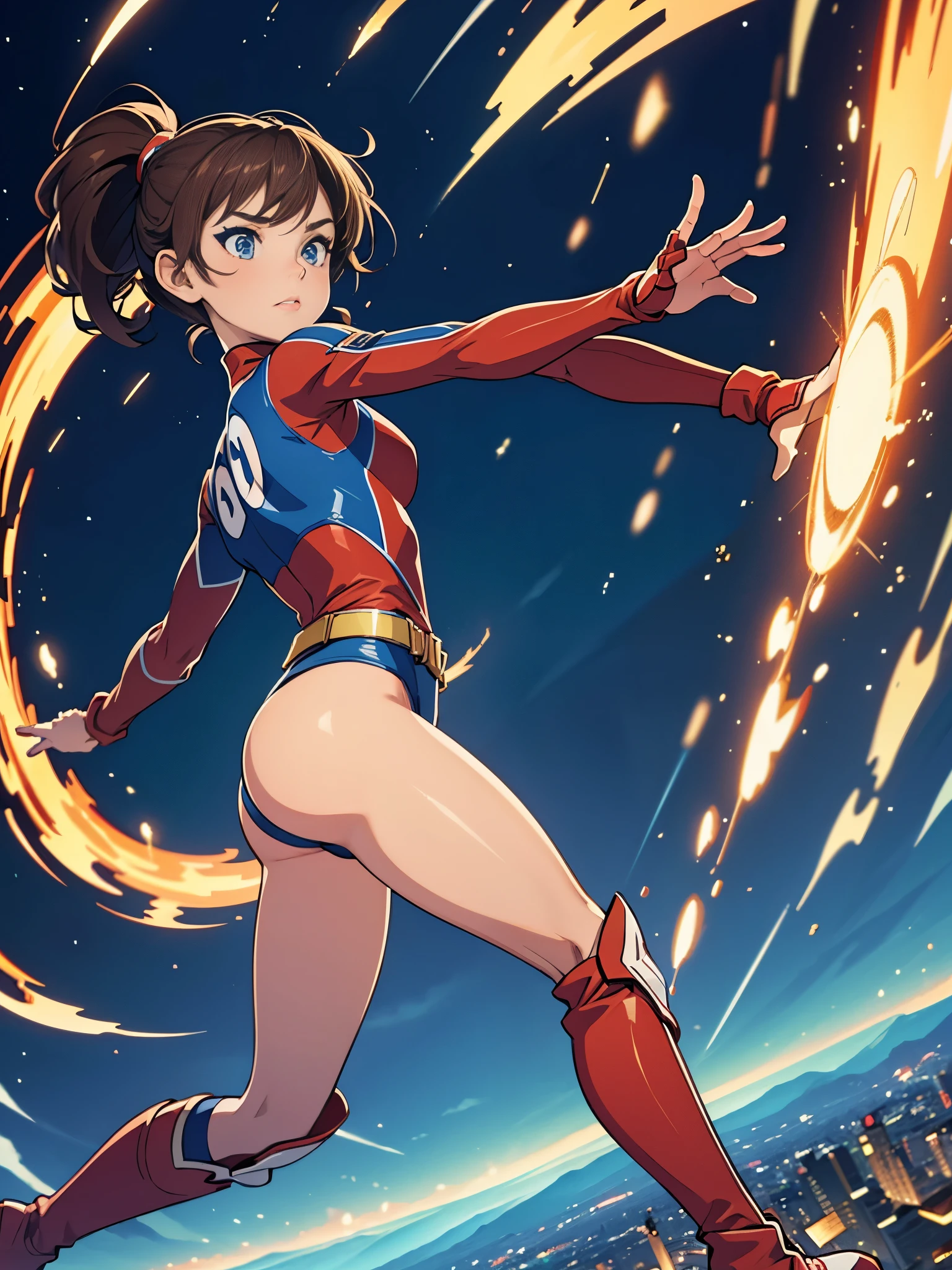 masterpiece, best quality, hyper detailed, ultra detailed, 1girl, medium breasts, leotard, red and blue leotard, bare legs, (fastened tight gold belt), boots, matching boots, gloves, matching gloves, city backdrop, solo, single, full body shot, superhero, beautiful detailed eyes, mature lady, star symbol on chest, brown hair, high leg leotard, (spins fast in place like a tornado), rapid gyration, (twirling), raised arms, standing straight, perfect hands, (((spiral lines))), speed lines, spiral lines, tornado, spinning energy pulse, front view, light particles