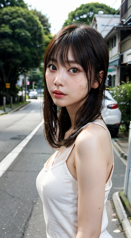 (Highly realistic photos, High resolution, detailed face, fine eyes) thin japanese woman, 28 years old, 1 girl, cute face, different hairstyles, lean body shape, very small breasts, very thin waist, casual clothes, on the road, full body photo,freckles