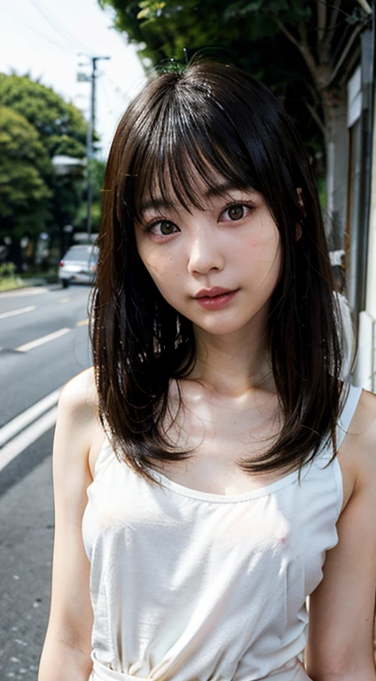 (Highly realistic photos, High resolution, detailed face, fine eyes) thin japanese woman, 28 years old, 1 girl, cute face, different hairstyles, lean body shape, very small breasts, very thin waist, casual clothes, on the road, full body photo,freckles