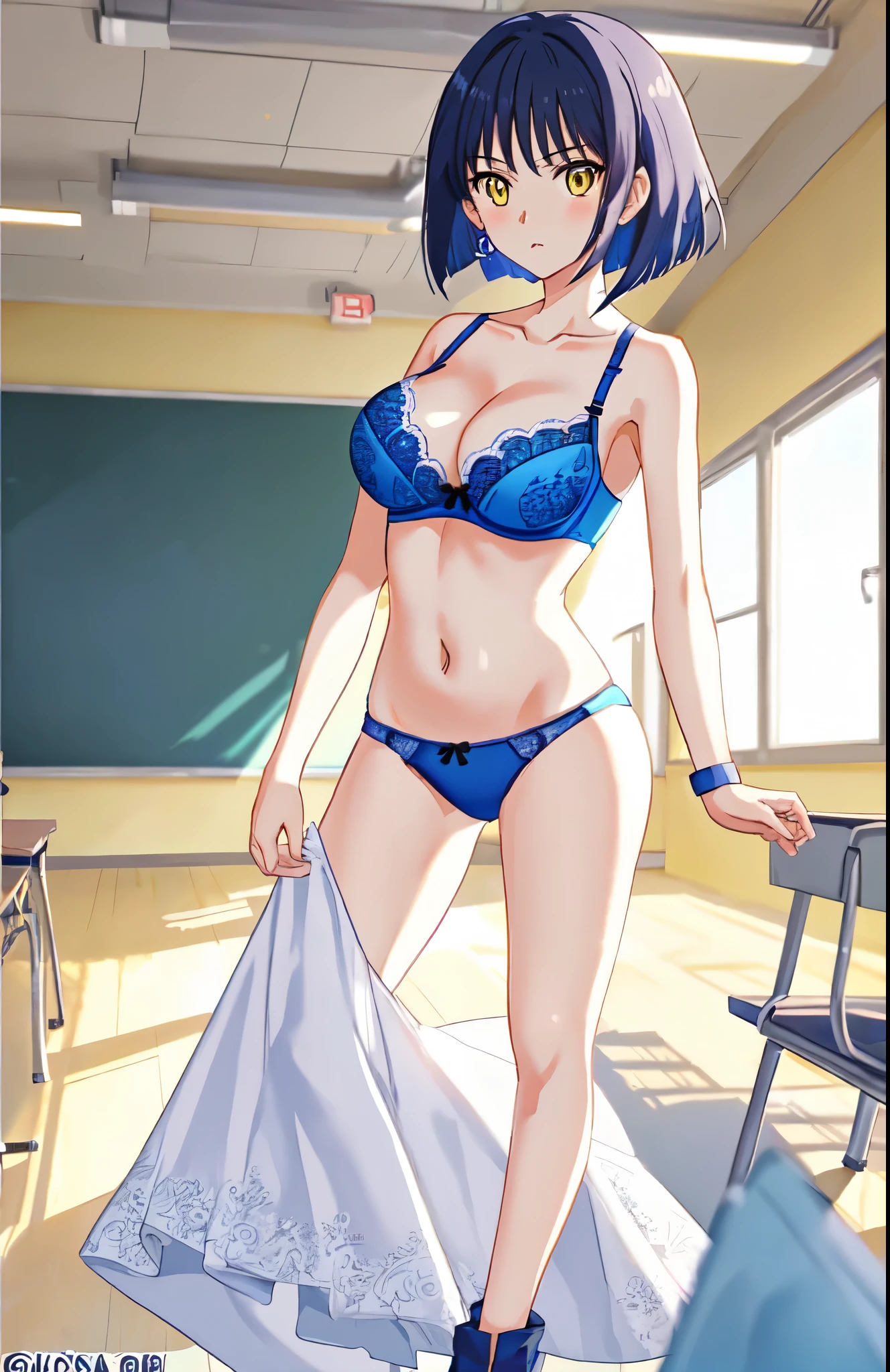 anime girl in a blue bra with a white lace trim and blue panty with a white bow、woman with short dark blue hair、woman with yellow eyes、bob cut、seductive anime woman、clothing:blue bra、blue panties、tall woman、cool atmosphere、anime moe art style、big breasts、woman with very large breasts、(anime girl)、attractive anime girl、naughty anime style、Beautiful charming anime 、Smooth anime CG art、school classroom、indoor、cleavage、bra with an blue、panty with an blue、whole body、a girl is standing、digital anime art!!、female focus、perfect body、cool anime girl、full body、anime best girl、solo、underwear only、Bra and panties only、8k!!、High resolution!!、