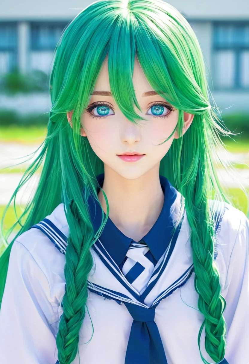 Beautiful anime girl with long green hair, blue eyes and school clothes 
