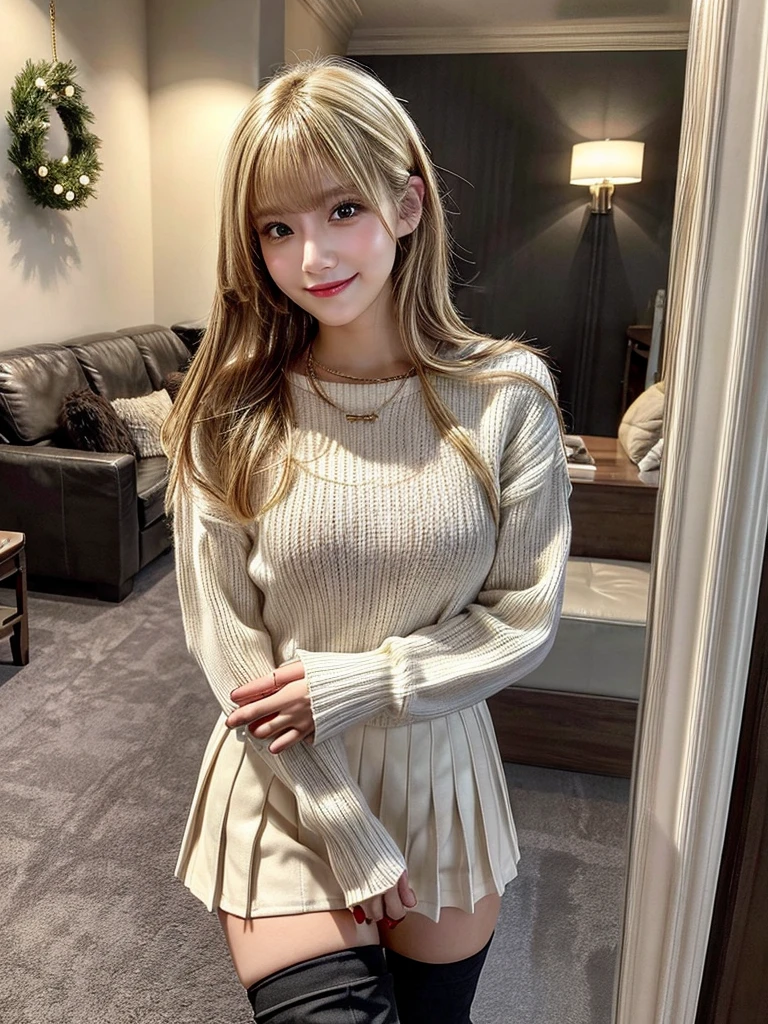 Super high quality, super high definition, super detailed, masterpiece, 20 years old, female, cute, nice body, perfect face, beautiful, white knit sweater, winter clothes, pleated skirt, red and black checked skirt, long skirt,necklace, bracelet, knee-high socks, boots, double eyelids, tear bags, fingers. Detailed, photo-like description, indoors, dim indoor lighting, blonde hair, short bob,standing, whole body, composition that shows the whole body, smiling,