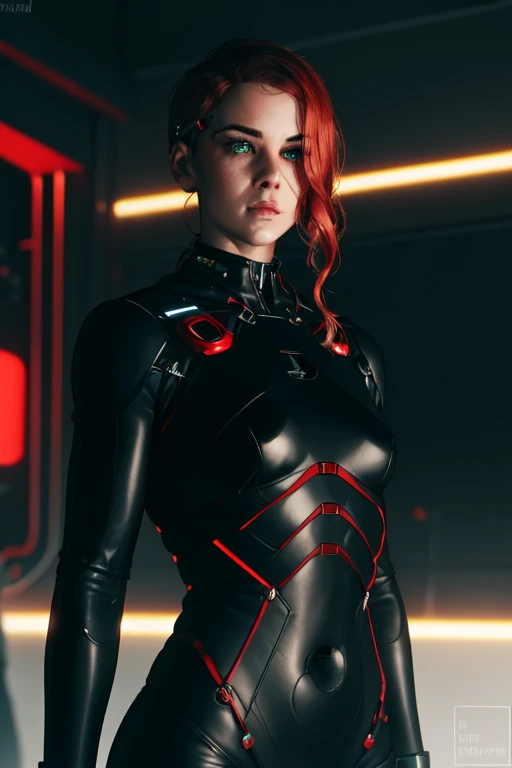 jesseC_soul3142, solo, 1girl, red hair, extradimensional suit, upper body, science fiction, cyberpunk,
