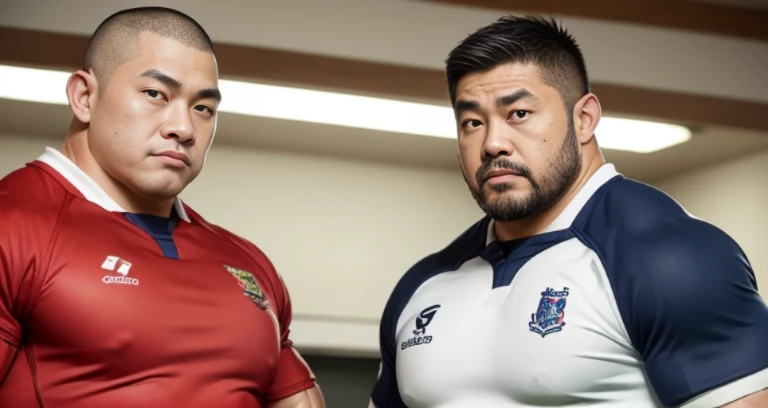 (wearing rugby uniform:1.4), (facing each other:1.4), (at club locker room:1.2), 40's, Japanese man, Chinese man, Korean man, Taiwanese man, manly face, fat face, (round face:1.4), (monolid eyes:1.2), (buzz cut:1.4), very large and strong body, bulky body, beefy muscles, (bulging muscles:1.4), (very large pectoral muscles:1.4), (muscular arms:1.4), muscular abs, muscular legs, muscular back, brightens oily skin, master piece, (realistic:1.4), panorama, distant view
