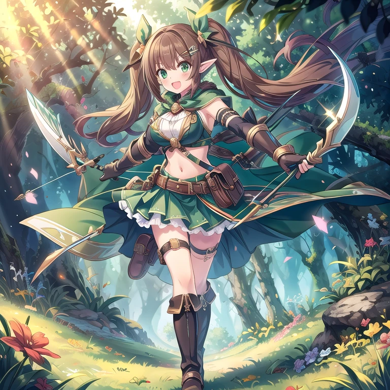 1girl, solo, pointy-ears, brown-hair, green-eyes, weapon, arrow-\(projectile\), bow-\(weapon\), gloves, boots, twintails, open-mouth, skirt, elbow-gloves, hair-ornament, navel, looking-at-viewer, cape, smile, elf, holding, ribbon, hair-ribbon, full-body holding-weapon quiver knee-boots belt low-twintails hairclip, green-skirt, holding-bow-\(weapon\), black-gloves, forest, midriff, thigh-strap, character-name hair-between-eyes, standing, black-footwear, pouch, long-hair, nature, red-ribbon, ((big boobs) 1:1)