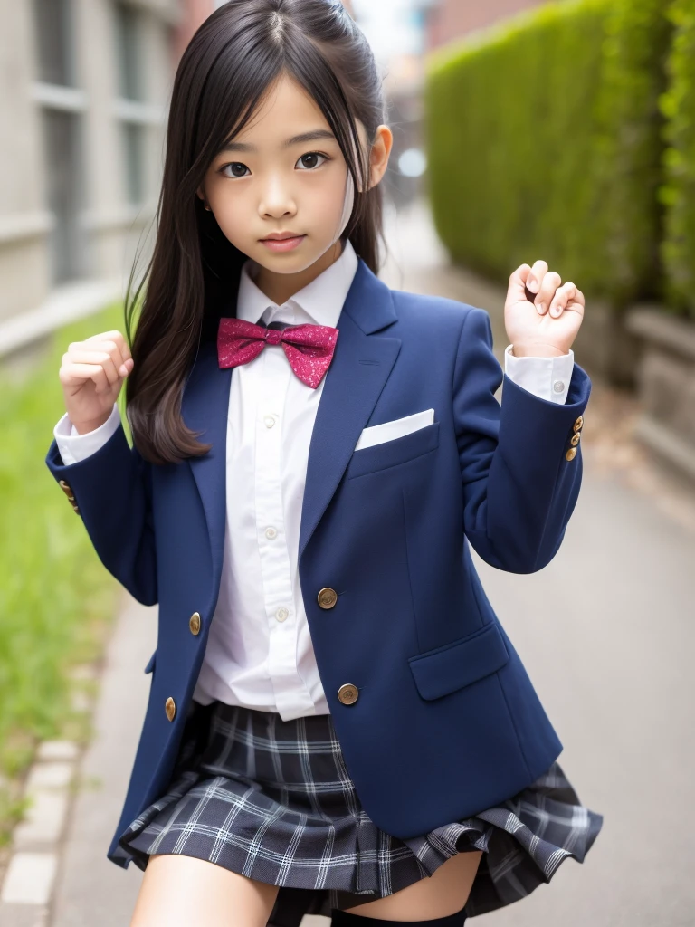 (masterpiece, highest quality:1.4), award-winning portraits, 8K, 85mm, alone, beautiful face, delicate girl, , (dark navy blazer jacket), dark navy skirt, long sleeve, violaces, gardenia, grace, Sophisticated, cute, , looking at the viewer, 15 yw photo, disorganized, HDR, sharp focus, A bow tie, background bokeh、(((flat 、thin and delicate body、A childish atmosphere)))、Her shiny semi-long hair is tied up、hair swaying in the wind、Mole on the left cheek、large, round, dark blue eyes、full body、random pose、Run、sprinting、Skirt fluttering in the wind、Junior idol、Nogizaka Idol、widening skirt、jump、mole under eye、sexy
