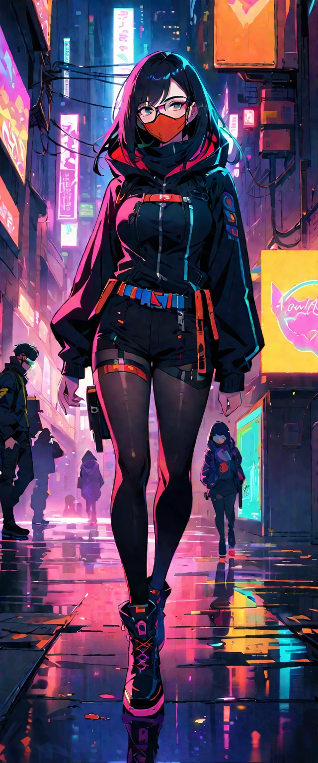 Cyberpunk female ninja,(face mask),Stylish details clothing,beautiful detailed face,(Glasses),stylish shoes,Neon-lit cityscape,futuristic gadgets,Stylish cybernetic enhancements,belt,(Hanging high-tech dagger),Black leather tights,Hooded tactical cape,Shadows and reflections,There are tall high-rise buildings,Heavy rain and steamy alley,medium:cartoon,studio lighting,Vibrant colors,Defocused