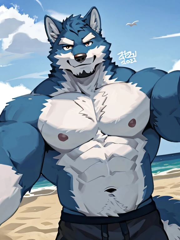 1 boy, solo, there is a blue wolf in a underwear taking a selfie, anthropology, wolf, hairy, blue and white fur, flex left arm muscles, korean muscle boy 2 1  old, shirtless :: high detail, open v chest clothes, taken in 2 0 2 0, the super hot and sexy, the extremely hot and sexy, robust stocky body, 30 year old man :: athletic, taken in 2022, full scene shot ,selfie, beach, half body