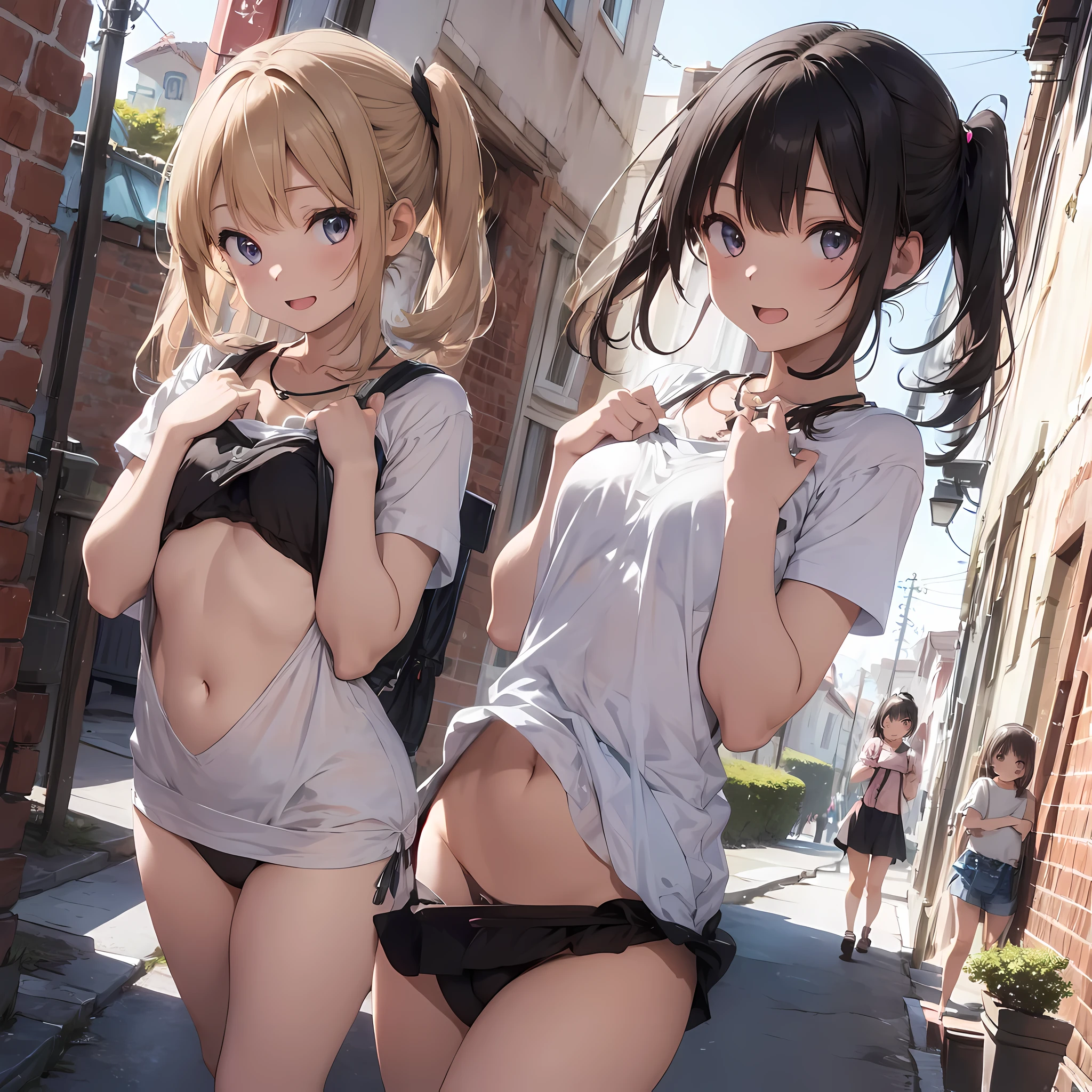 ((highest quality)), ((masterpiece)), (3 woman:1.5), cute woman are posing for a camera, (Lifting SHIRT:1.3), (open your mouth and laugh:1.3), ray tracing, (line up in a row)、(tits)、hair band, headband, hair bobbles, blouse, shirt,silver hair, brown hair, blond hair, (navel), jewelry, looking at viewer, necklace, long hair, short hair, (abs),(Depth of the bounds written),