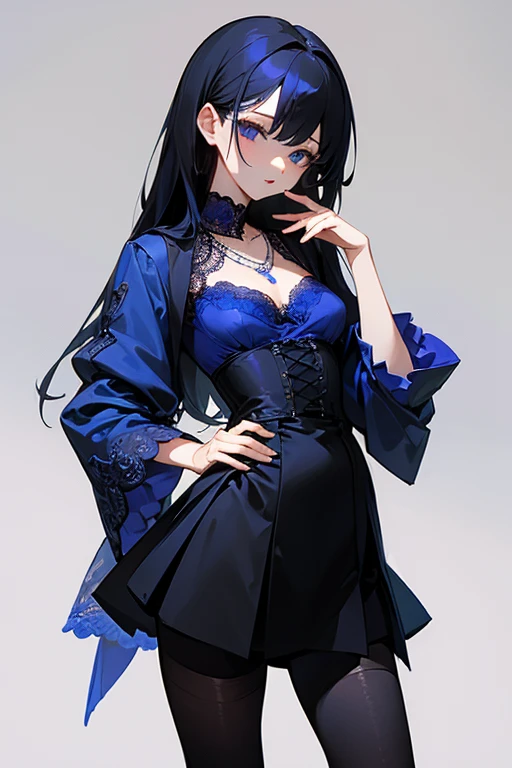 最高masterpiece、masterpiece、highest quality、Blue lace top、black tight skirt、elegant、sexy、necklace、black stockings、beautiful woman、cute、small breasts、sharp、hand on waist、hair is long、