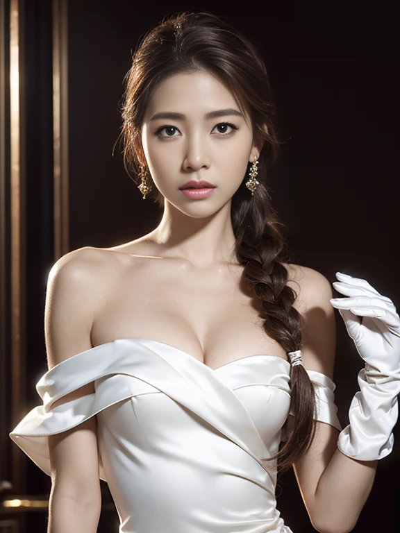 best quality, masterpiece, (photorealistic:1.4), 1girl, cowboy shot, luxury elegant bare shoulder  dress, dramatic lighting, hair over shoulders, white gloves, , luxury hall background, night, asian face, braid hair, small breasts