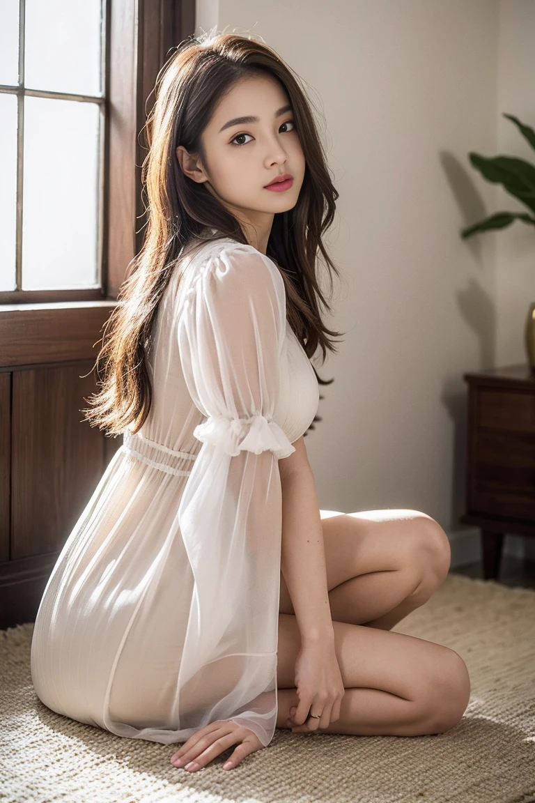 dark brown hair、light brown eyes、Japanese actress face、 lady、I&#39;Iは彼とIが好きです&#39;I&#39;Iは40歳くらいです.、(intricate details:1.2)、(which one is the top?:1.4)、 (ultra high resolution:1.2)、ultra high resolution、(finely tuned)、(detailed facial features)、nffsw、8K resolution、D cup size breasts、long hair、big window、luxurious space、relax、、,full body photo、head to toe shot、beautiful feet、camisole dress、beautiful feet、A refreshing room filled with sunlight、she, loose household items,   (plant:0.8), center of fashion, extreme details, very detailed, realistic, hourglass body, obscene pose,、、I cry a lot、tears、person on the left、white wall、white floor、diagonally from below、raise your chin、put your butt against the wall、relaxした表情、Pose of Weakness、(auraroid photo:1.2)、from outside the window、transparent pictureasterpiece、8K、32k、highest quality、(Details of both eyes)、1 girl、elegant、(Loose dress :1.4)、sunset、sit、(Low - Angle、looking at you from the side:1.2)、Hilarious、leaning against the wall、looking at the camera、