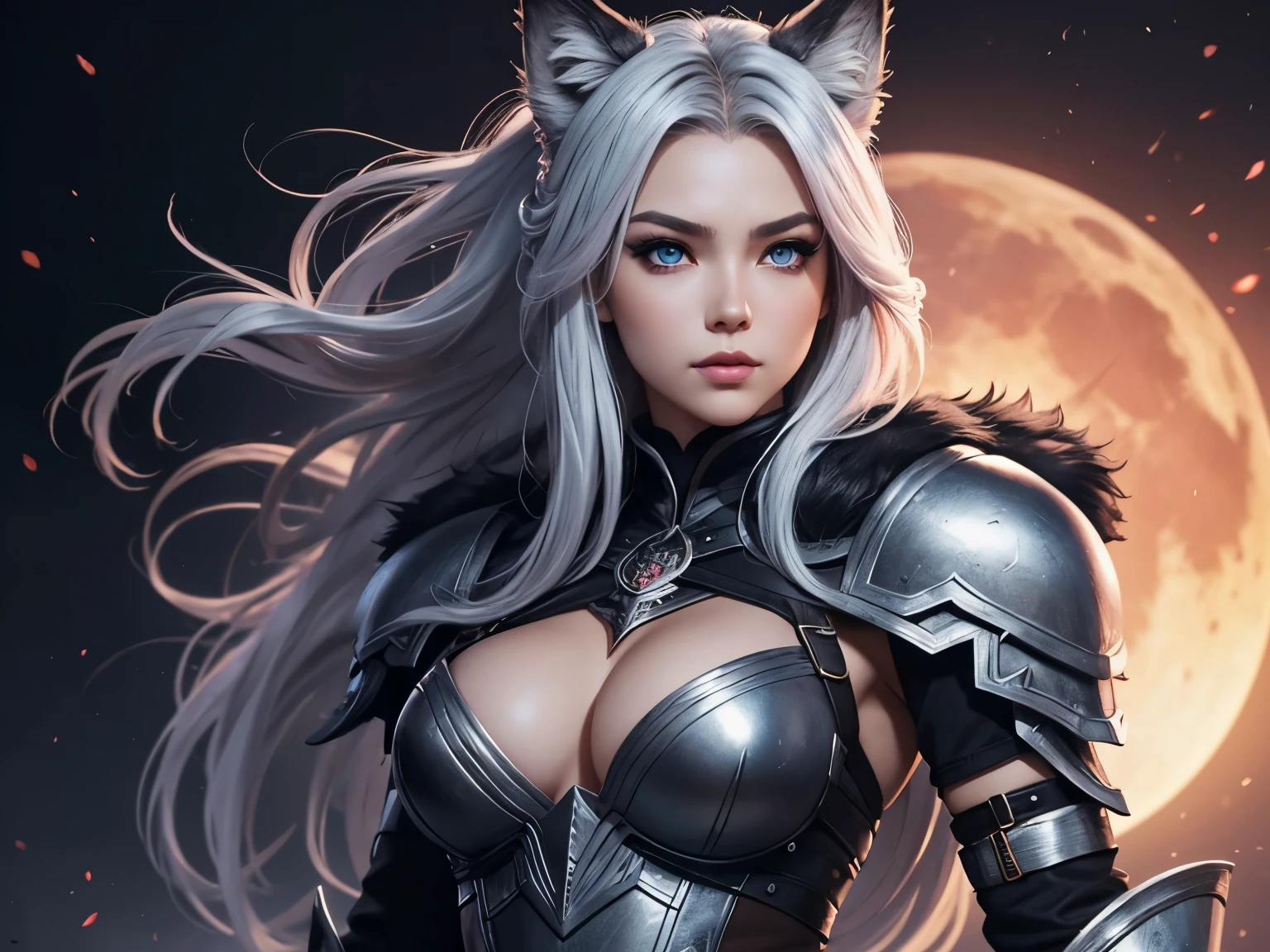 a close up of a beautiful warrior wolfwoman with silver hair, blue eyes, pink eyeshades and lipstik, girl wear sexy black wolf furr armor with short leather skirt and high boots, Red moon background, fantasy art style, extremely detailed artgerm, artgerm detailed, style artgerm, pretty musicant, rossdraws digital painting, artgerm style, ig model | artgerm, artgerm and rossdraws, cute wolf girl, artgerm. anime illustration, no human ears, wolf ears only, anime warrior girl, 