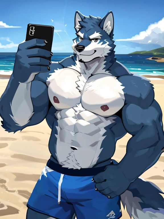 1 boy, solo, there is a blue wolf in a underwear taking a selfie, anthropology, wolf, hairy, blue and white fur, flex left arm muscles, korean muscle boy 2 1  old, shirtless :: high detail, open v chest clothes, taken in 2 0 2 0, the super hot and sexy, the extremely hot and sexy, robust stocky body, 30 year old man :: athletic, taken in 2022, full scene shot ,selfie, beach, half body, flexing muslce