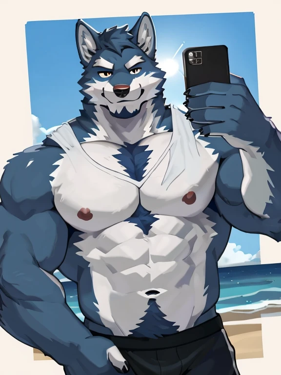 1 boy, solo, there is a blue wolf in a underwear taking a selfie, anthropology, wolf, hairy, blue and white fur, flex left arm muscles, korean muscle boy 2 1 years old, shirtless :: high detail, open v chest clothes, taken in 2 0 2 0, the super hot and sexy, the extremely hot and sexy, robust stocky body, 30 year old man :: athletic, taken in 2022, full scene shot ,selfie, beach, half body, flexing muslce