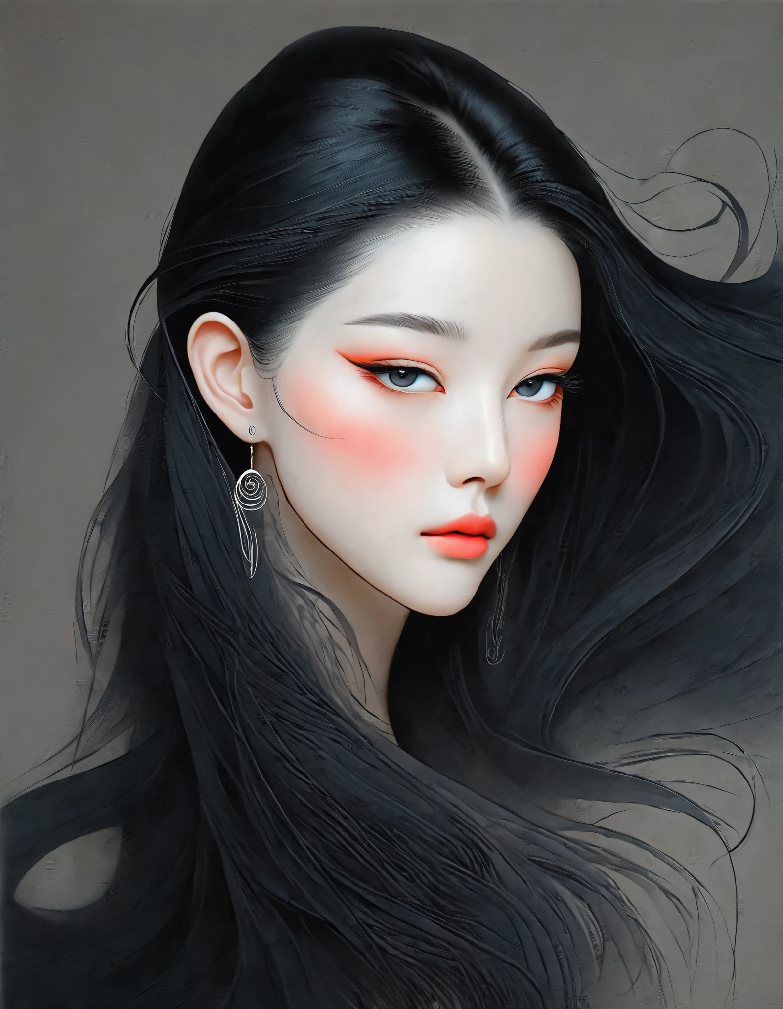 Close up of woman with tattoo on neck, long black hair,Black minimalist clothing,flowing hair,fair face,Foxy, slender, beautiful eyes,by Mei Qing, elegant digital art, A beautiful artistic illustration, author:Yang Jie, Beautiful digital illustrations, beautiful figure painting,
