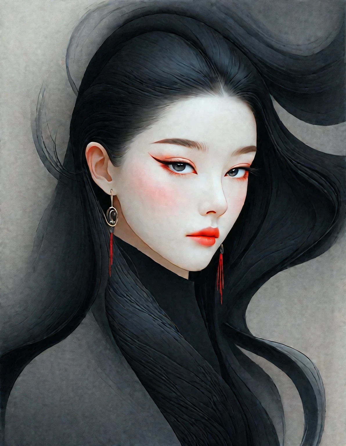 Close up of woman with tattoo on neck, long black hair，Black minimalist clothing，flowing hair，fair face，Foxy, slender, beautiful eyes，by Mei Qing, elegant digital art, A beautiful artistic illustration, author：Yang Jie, Beautiful digital illustrations, beautiful figure painting, 