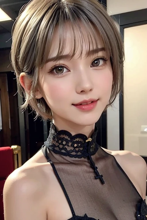 pixie cut, ash gray hair,very, very short hair, uneven tip, smile, transparent clothes ,tespero,black and golden transparent cheongsam,Contains a deep slit
