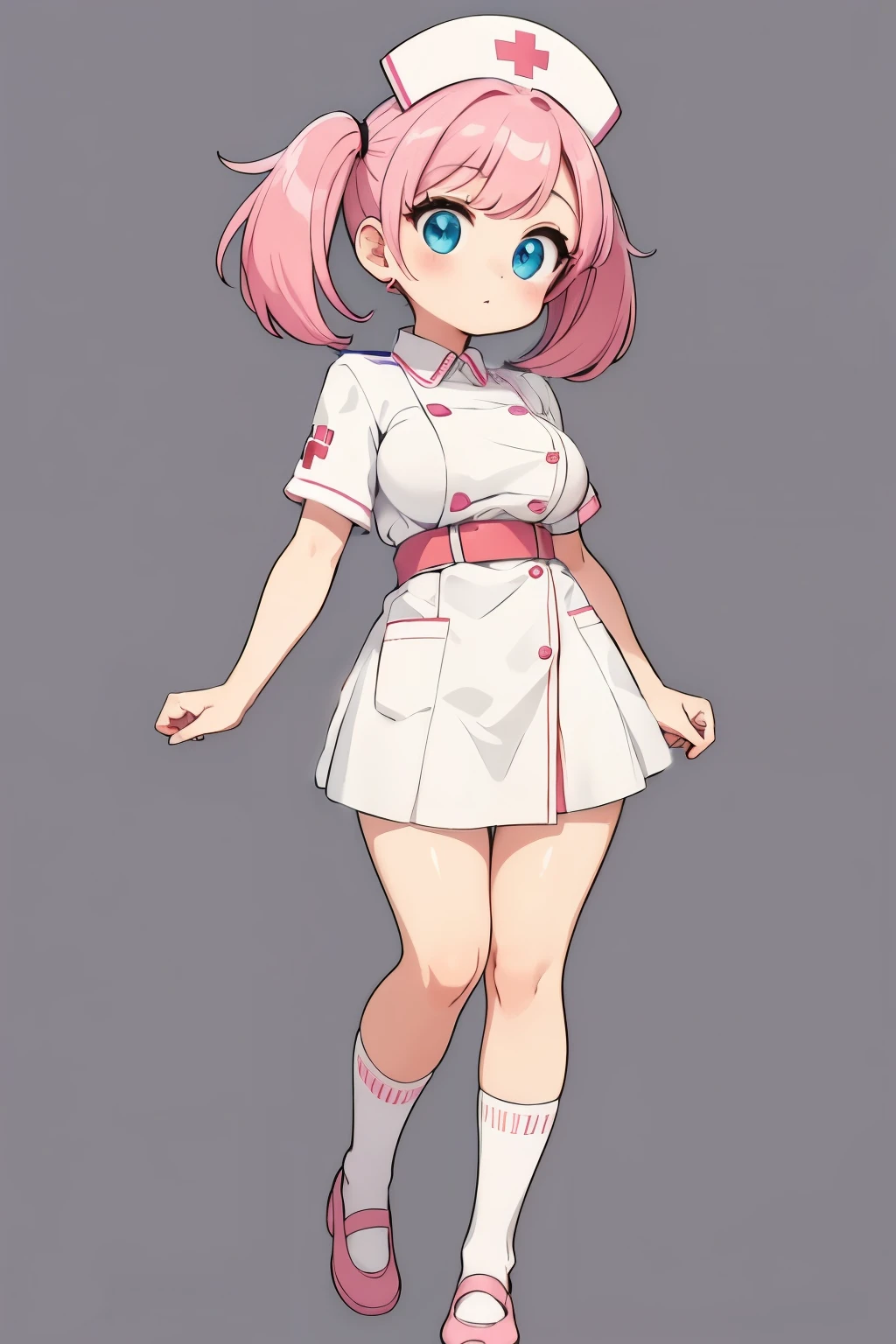 1 woman,nurse uniform, pink wear, pink hair, blue eye, short hair, twintail, big breasts, chibi, full body, staning, lower arms, front view, looking at viewer, thick outline, gray background, simple background