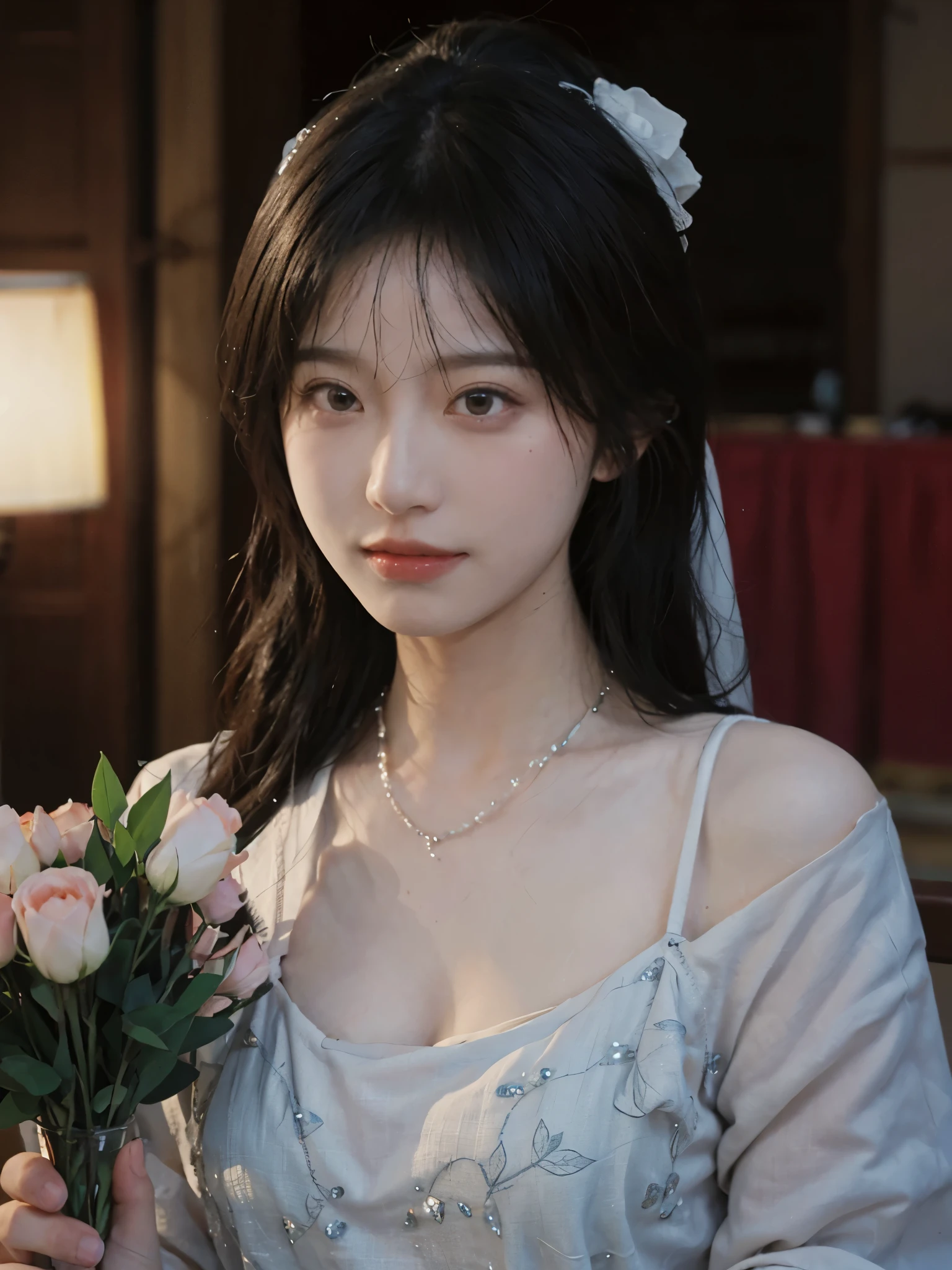 best quality, ultra high resolution, (realistically:1.4),cute hairpin,Baoyu Girl,Standing in the wedding hall,(flat chest:1.2) ,A pair of clear and charming peach blossom eyes,Royal sister,The sun shines on the face,Big wavy hairstyle,(necklace:1.2),(White skin:1.4),a sense of atmosphere,a beautiful girl,looking directly at the viewer, Close-up cleavage ,(lifelike:1.4),1 girl,Sexy,(Upper body:1.4),(wet),(:1.2)