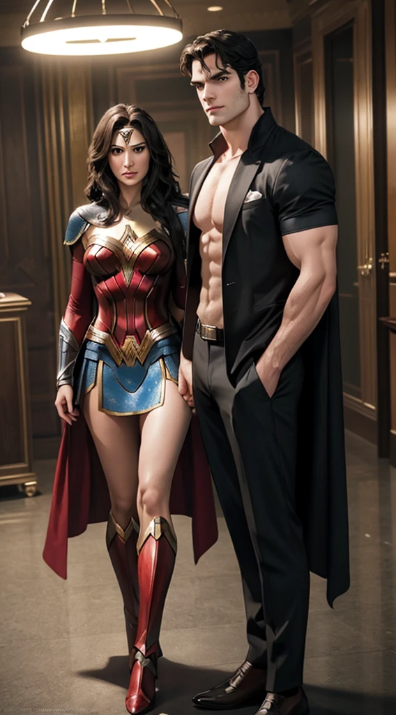 Full full body a beautiful couple, Superman Henry Cavill and Wonder Woman Gal Gadot, standing firmly face frontal camera focus asymmetrical face details,charachter, beautiful, devian art, trending artstation, digital art, detailed, realistic, humanoide, character,cinematic sho ,cinematic lights, high textures, high resolution, dreamlikeart, 8k, highly detailed, stabilized diffusion