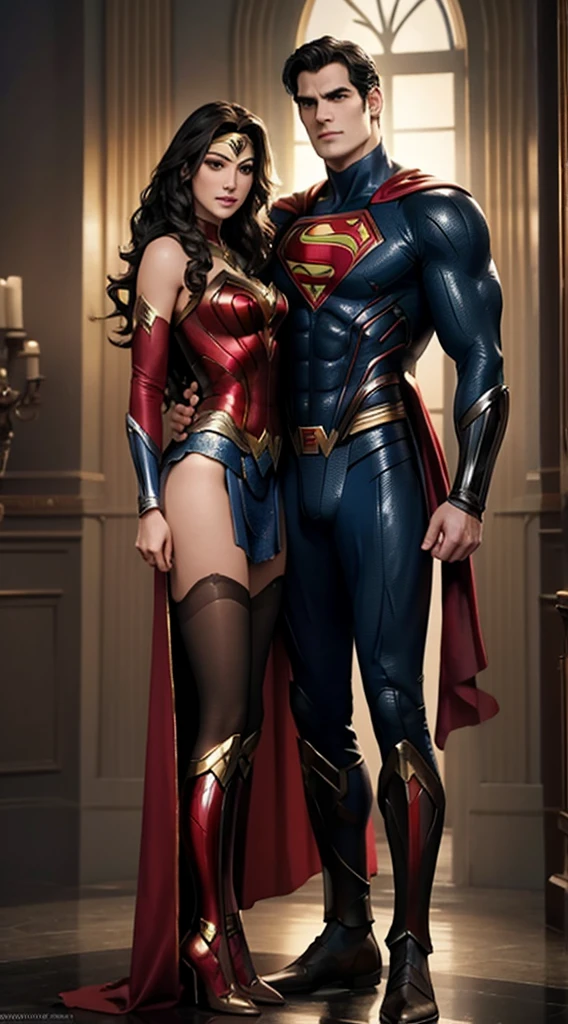 Full full body a beautiful couple, Superman Henry Cavill and Wonder Woman Gal Gadot, standing firmly face frontal camera focus asymmetrical face details,charachter, beautiful, devian art, trending artstation, digital art, detailed, realistic, humanoide, character,cinematic sho ,cinematic lights, high textures, high resolution, dreamlikeart, 8k, highly detailed, stabilized diffusion