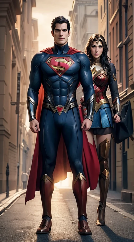 Full full body a beautiful couple, Superman Henry Cavill and Wonder Woman Gal Gadot, standing firmly face frontal camera focus asymmetrical face details,charachter, beautiful, devian art, trending artstation, digital art, detailed, realistic, humanoide, character,cinematic sho ,cinematic lights, high textures, high resolution, dreamlikeart, 8k, highly detailed, stabilized diffusion