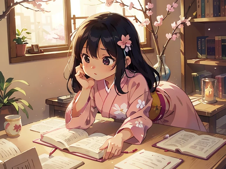 (masterpiece),(highest quality), 1 girl,Chibi, full body,Blind box style, (light pink kimono), sitting in a traditional chinese study,Decorate with jeweled hairpins, black hair. Bookshelves filled with ancient documents and scrolls,read a book with a concentrated expression, Her slender fingers turn the pages gracefully and precisely.,A soft, warm light pours into the room., Gives the scene a peaceful and nostalgic feel.Makoto Shinkai anime illustration,Backlight,Beautiful cherry blossoms swaying in the wind, With drops of dew bubbling on the petals, Stunning anime art style, Bright colors, Soft and fantastic lighting, High resolution and realistic details.Carefully depicting the fingers（Five fingers are consistent）