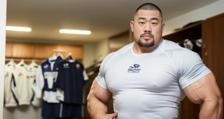 (wearing rugby uniform:1.4), (at club locker room:1.2), 40's, Japanese man, Chinese man, Korean man, Taiwanese man, manly face, fat face, (round face:1.4), (monolid eyes:1.2), (buzz cut:1.4), very large and strong body, bulky body, beefy muscles, (bulging muscles:1.4), (very large pectoral muscles:1.4), (muscular arms:1.4), muscular abs, muscular legs, muscular back, brightens oily skin, master piece, (realistic:1.4), panorama, distant view
