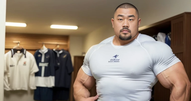 (wearing rugby uniform:1.4), (at club locker room:1.2), 40's, Japanese man, Chinese man, Korean man, Taiwanese man, manly face, fat face, (round face:1.4), (monolid eyes:1.2), (buzz cut:1.4), very large and strong body, bulky body, beefy muscles, (bulging muscles:1.4), (very large pectoral muscles:1.4), (muscular arms:1.4), muscular abs, muscular legs, muscular back, brightens oily skin, master piece, (realistic:1.4), panorama, distant view