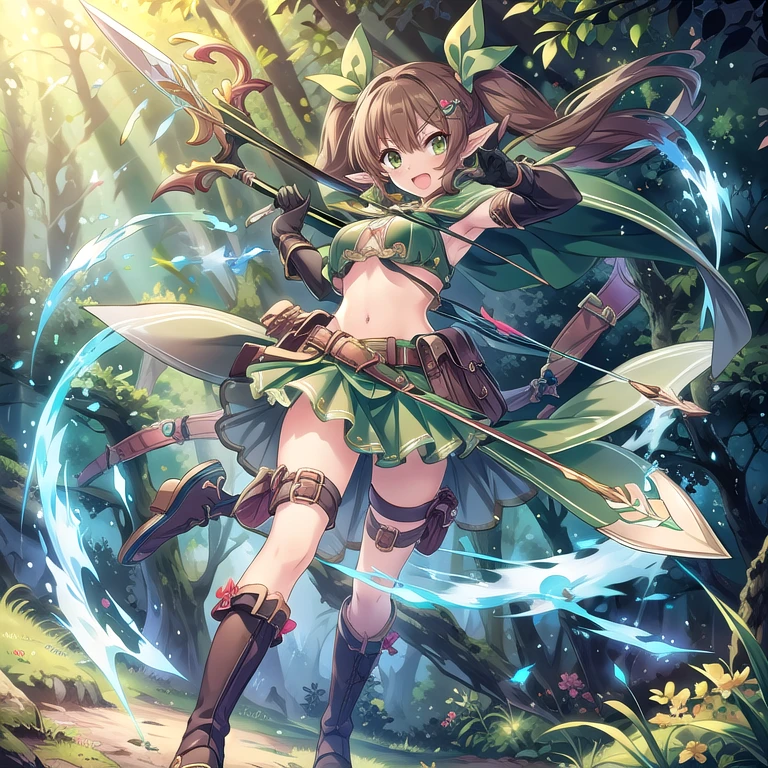 1girl, solo, pointy-ears, brown-hair, green-eyes, weapon, arrow-\(projectile\), bow-\(weapon\), gloves, boots, twintails, open-mouth, skirt, elbow-gloves, hair-ornament, navel, looking-at-viewer, cape, smile, elf, holding, ribbon, hair-ribbon, full-body holding-weapon quiver knee-boots belt low-twintails hairclip, green-skirt, holding-bow-\(weapon\), black-gloves, forest, midriff, thigh-strap, character-name hair-between-eyes, standing, black-footwear, pouch, long-hair, nature, red-ribbon, ((big boobs) 1:1)