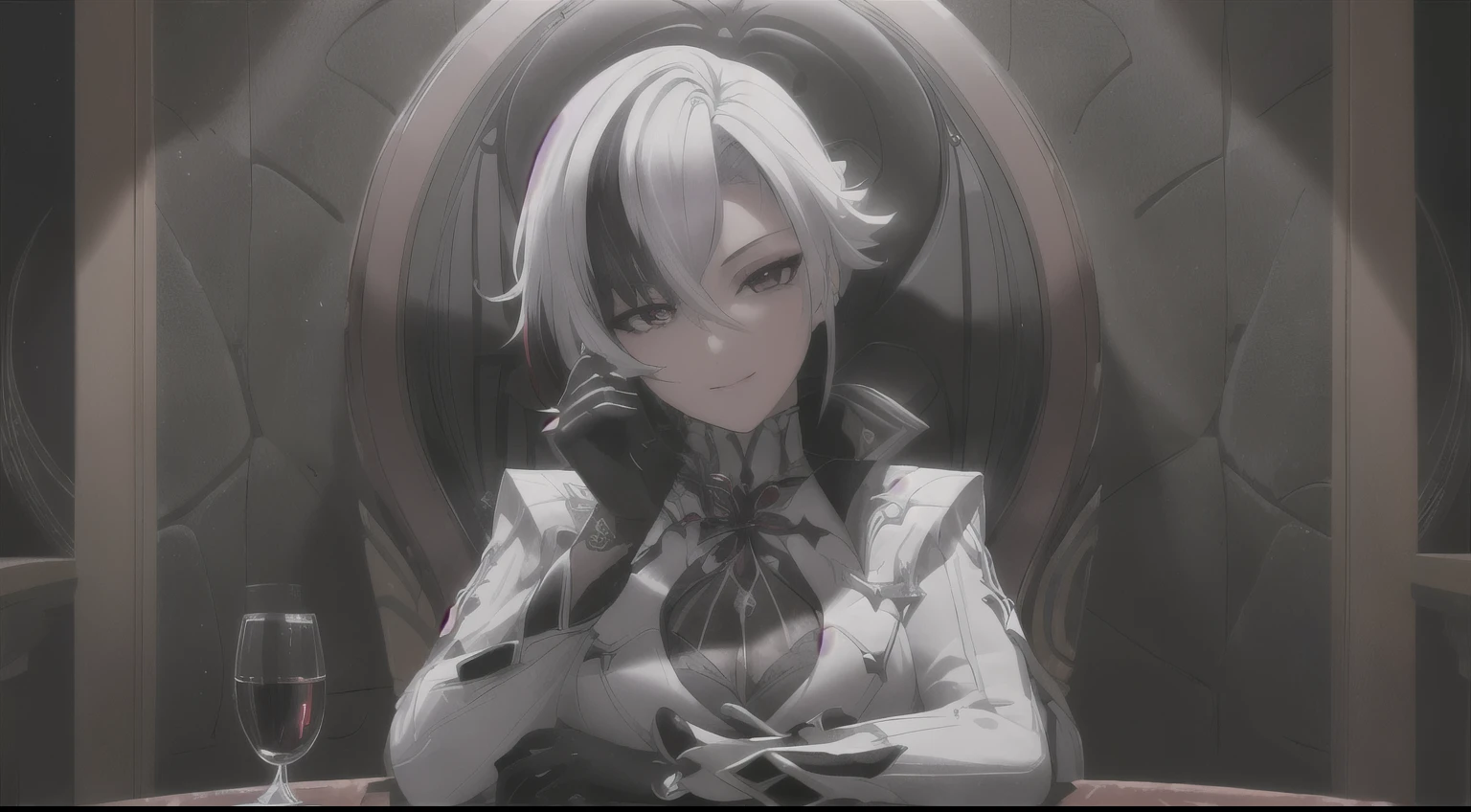 masterpiece,best quality,ultra-detailed,very detailed illustrations,extremely detailed,intricate details,highres,super complex details,extremely detailed 8k cg wallpaper, monochrome, black and white picture, caustics,reflection,ray tracing,1girl,super detailed face, Extremely detailed eyes, beautiful eyes, highres eyes, solo, white hair, black hair, multicolored hair, black eyes, x-shaped pupils, gloves, arle_suit, upper body, seductive smile, jewelry, looking_at_viewer, signature, solo, sit, (dark room:1.4), low light, moonlight dark, night, throne, crossed legs, (at the centre of picture:1.2) 