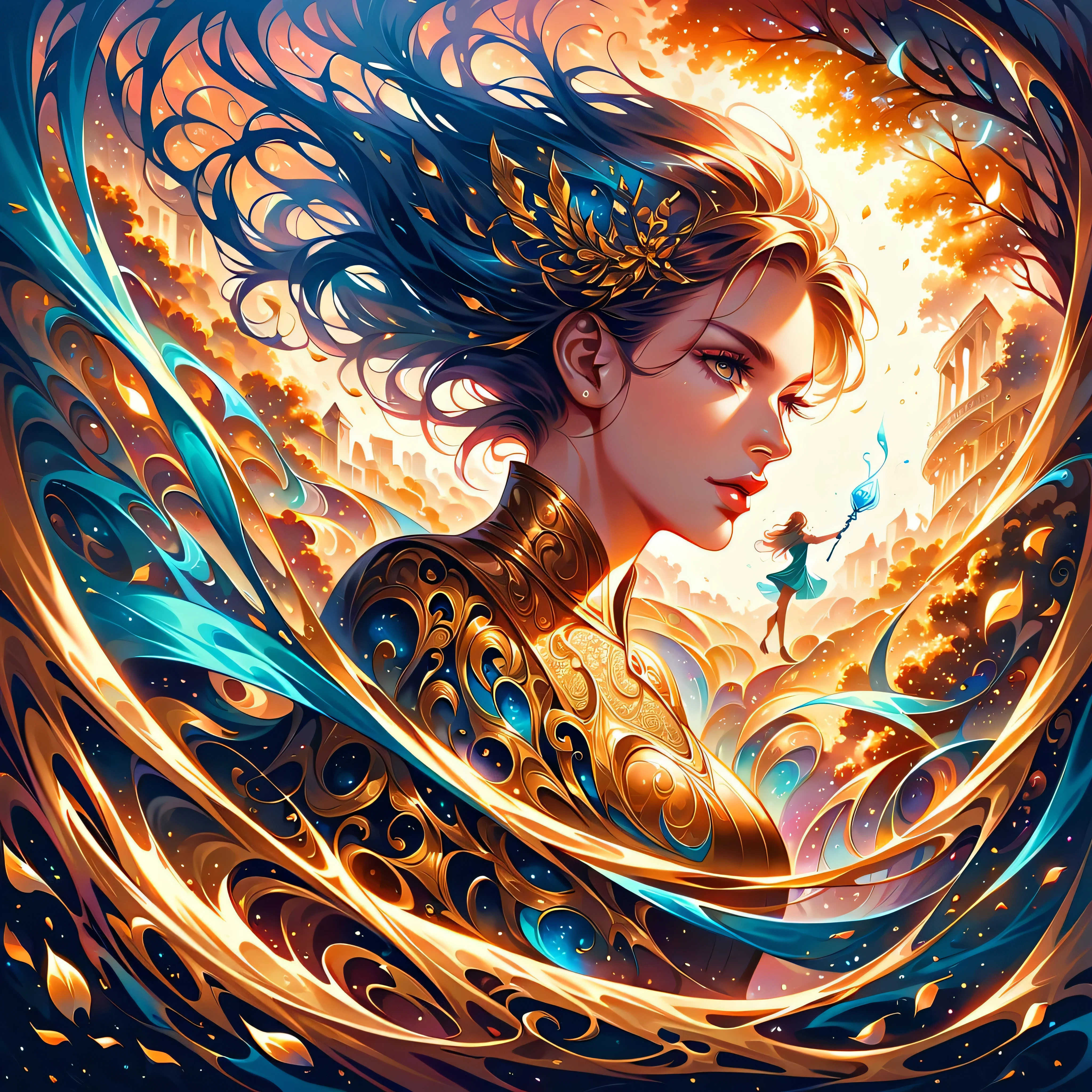 photograph, photorealistic, ultra-realistic, intricately detailed, wide angle, fine fractal glossy vivid colored shiny contours outlines of a glass apple with a ("a glowing golden flying female fairy uses her wand to transform a tree to solid gold.") inside, surreal, gradient, windy, petals floating on the wind, swirling ribbons of ink and light. linquivera, liiv1. --v6 --s1000 --c20 --q5 --chaos100