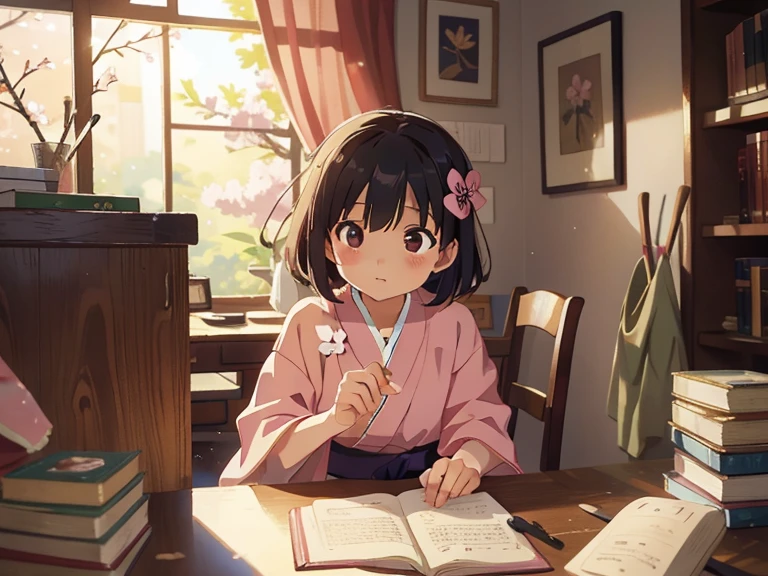 (masterpiece),(highest quality), 1 girl,Chibi, full body,Blind box style, (light pink kimono), sitting in a traditional chinese study,Decorate with jeweled hairpins, black hair. Bookshelves filled with ancient documents and scrolls,read a book with a concentrated expression, Her slender fingers turn the pages gracefully and precisely.,A soft, warm light pours into the room., Gives the scene a peaceful and nostalgic feel.Makoto Shinkai anime illustration,Backlight,Beautiful cherry blossoms swaying in the wind, With drops of dew bubbling on the petals, Stunning anime art style, Bright colors, Soft and fantastic lighting, High resolution and realistic details.