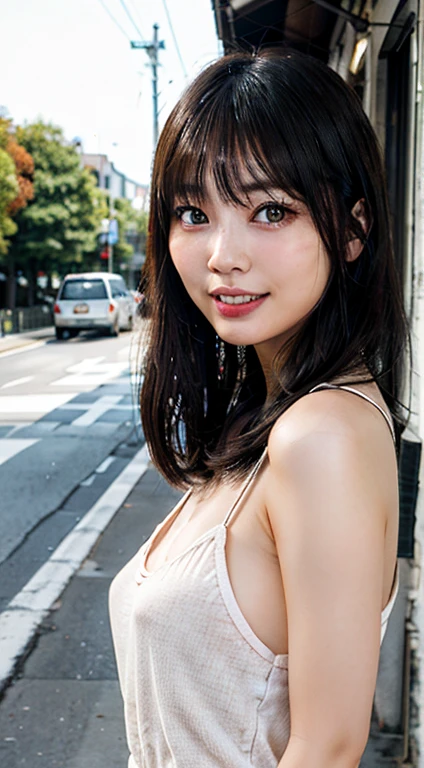 (Highly realistic photos, High resolution, detailed face, fine eyes) thin japanese woman, 28 years old, 1 girl, (1 Ultimate beauty), highly detailed face, (perfect teeth), detailed eye, double eyelid, eyelash, grin and laugh, lip details, brunette bob, lean body shape, very small breasts, very thin waist, casual clothes, on the road, full body photo,freckles